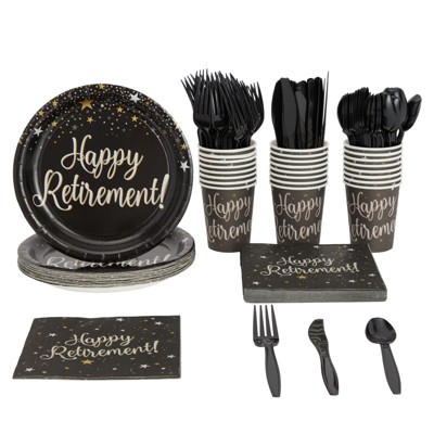 Blue Panda 144 Piece Happy Retirement Party Supplies, Dinnerware Set ...