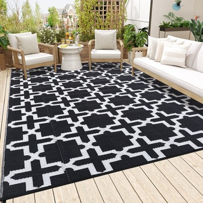 Large Geometic Outdoor Plastic Straw Rug Outdoor Carpet Patio Rug Reversible RV Camping Rug Outside Mat for Balcony Deck Picnic Beach