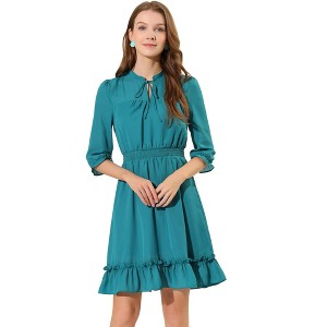 Allegra K Women's Solid Ruffle Hem 3/4 Sleeve A-Line Smocked Short Chiffon Dress - 1 of 4