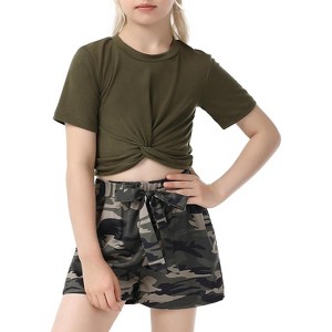 Girl's Summer 2 Piece Outfit Short Sleeve Twist Crop Top and Print Shorts Sets Cute Clothing Set 3-12Y - 1 of 4