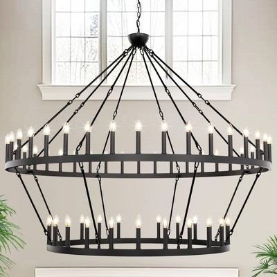 DORESshop 64-Light Black Industrial Double Ring Design Large Chandelier with E12 No Bulbs Included for Dining Room, Living Room