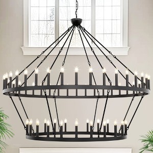 DORESshop 64-Light Black Industrial Double Ring Design Large Chandelier with E12 No Bulbs Included for Dining Room, Living Room - 1 of 4