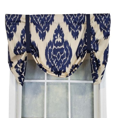 RLF Home Flame Large Damask Flame Design Tie-Up Window Treatment Valance 3" Rod Pocket 50" x 23" Navy Blue/Ivory