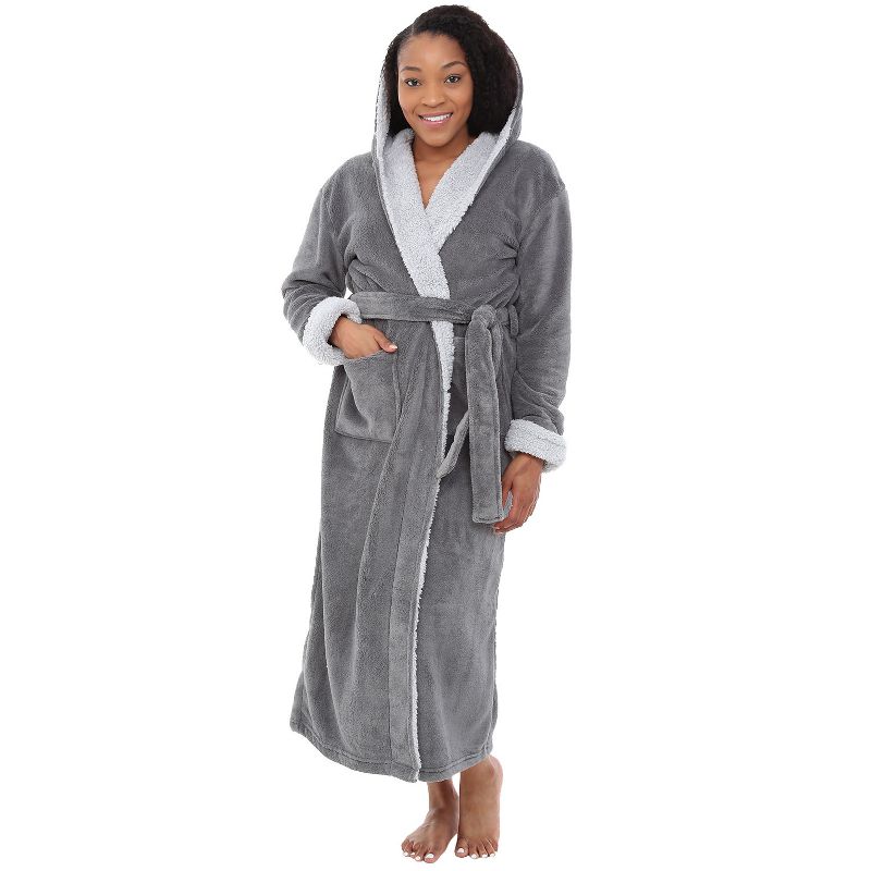 Women's Plush Lounge Robe with Hood, Full Length Hooded Bathrobe, 1 of 8