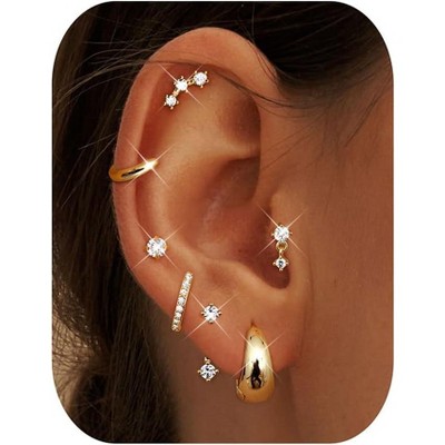 Small Stud Hoop Earrings for Women - 7 Pairs Hypoallergenic 14K Gold Plated Huggie Earring Sets for Multiple Piercing