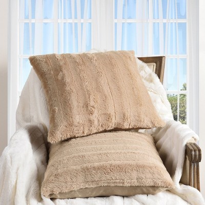 Cheer Collection Luxurious Faux Fur Throw Pillows Set of 2 - Sand (18" x 18")