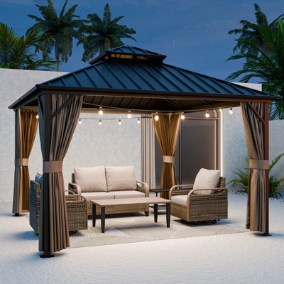 EAGLE PEAK Aluminum Double Hardtop Gazebo with Curtains and Netting