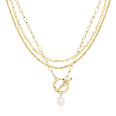 Attop Women's Gold-Plated Triple-Layer Pearl Set Exquisite 14K Gold-Plated Fashion Layered Necklace