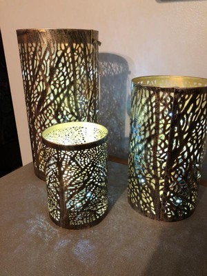 Set Of 3 Leafy Cylindrical Contemporary Metal Candle Holders