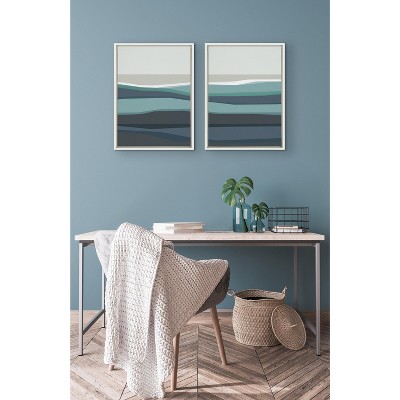 Abstract Teal Beach Horizon Framed Canvas Set, 18x24, White