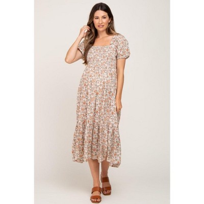 PinkBlush Taupe Floral Smocked Puff Sleeve Maternity Midi Dress