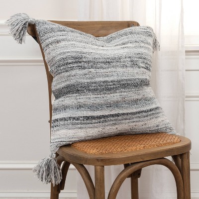 20" Charcoal and Beige Striped Polyester Tassel Pillow Cover