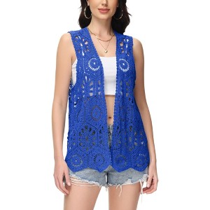 Anna-Kaci Women's Floral Crochet Cardigan Lace Trim Sleeveless Open Front Vest - 1 of 4