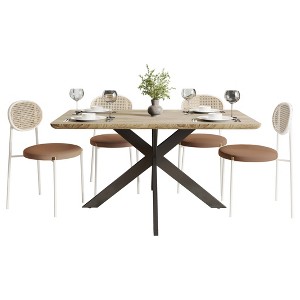 LeisureMod Ravenna 5-Piece Dining Set - 63" Rectangular MDF Top Dining Table in Maple & 4 Velvet Dining Chairs in White Steel Legs - 1 of 4