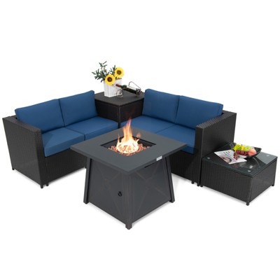 Tangkula 5-Piece Outdoor Patio Furniture Set with 50,000 BTU Propane Fire Pit Table Patio Conversation Set w/ Cushions, Storage Box, Coffee Table