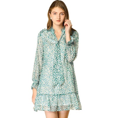 INSPIRE CHIC Women's Floral Dress Loose Chiffon Ruffle Self Tie Neck Shift Dresses