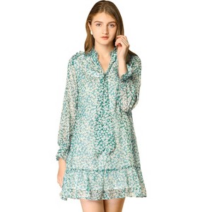 INSPIRE CHIC Women's Floral Dress Loose Chiffon Ruffle Self Tie Neck Shift Dresses - 1 of 4