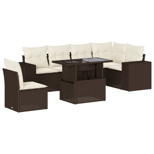 vidaXL 7 Piece Patio Sofa Set with Cushions - Brown and Cream - 1 of 4