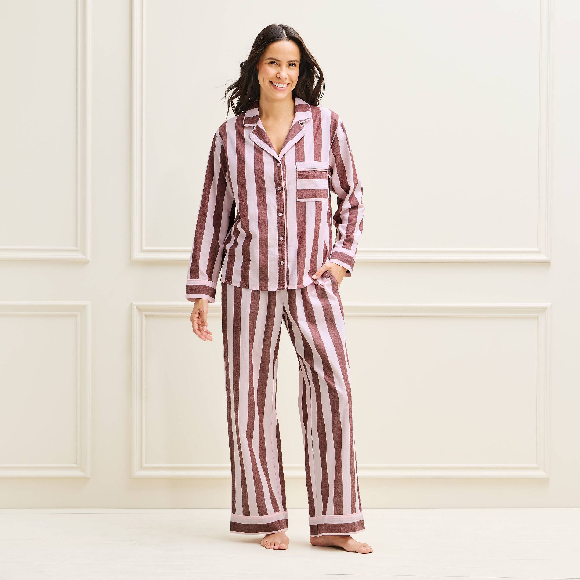 Women's Long Sleeve Cotton Poplin Notch Collar Top and Pants Pajama Set - Auden™