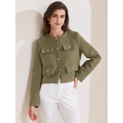 INSPIRE CHIC Women's Cropped Tweed Long Sleeve Button Down Fall Winter Work Business Blazer Olive Green Small — фото 3