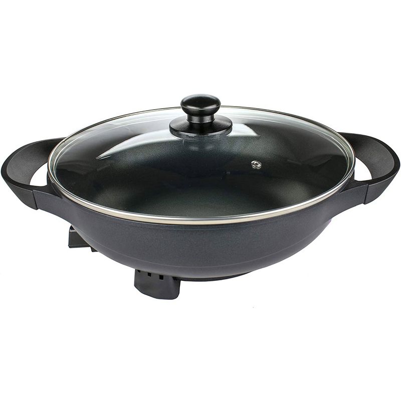 Brentwood 13in Non-Stick Flat Bottom Electric Wok Skillet with Vented Glass Lid in Black, 5 of 8
