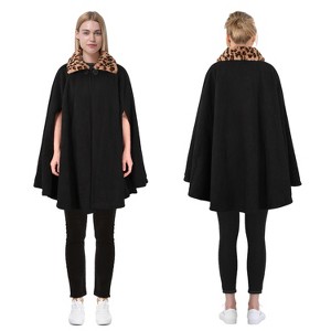Catalonia Women's Cape with Cheetah Faux Fur Collar, Fleece Cloak Coat, Snuggly Hooded Wearable Blanket, Gift Idea for Mom and Teen Girls - 1 of 4