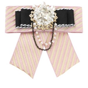 INSPIRE CHIC Women's Striped Rhinestone Bow Tie Fashion Faux Pearl Bow Tie Pin with Hanging Chain - 1 of 4
