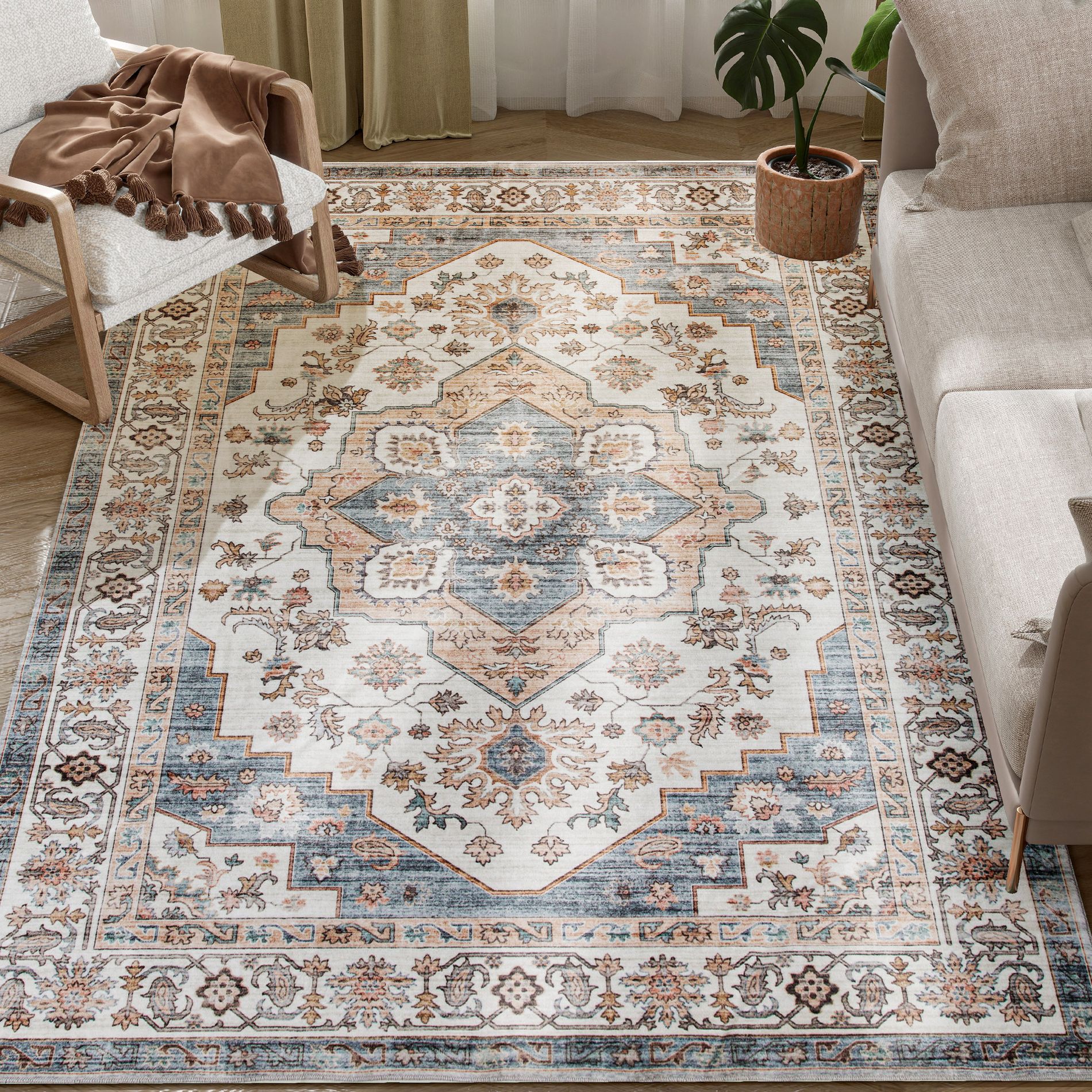 HOMCOM 5x7 Area Rug, Vintage Machine Washable Rug, Non-Slip Low Pile Carpet for Living Room, Bedroom, Dining Room, Home Office, Brown and Light Blue