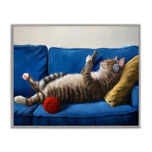 Stupell Industries Cat Couch Relaxing Red Yarn Ball Pet Portrait Framed Giclee Art, Gray, 14" x 11" - 1 of 4
