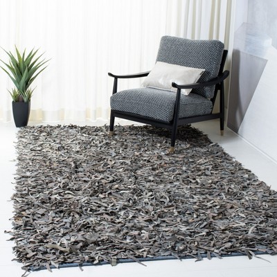 Hand-Knotted Grey and Beige Leather Shag Rug, 5' x 8'