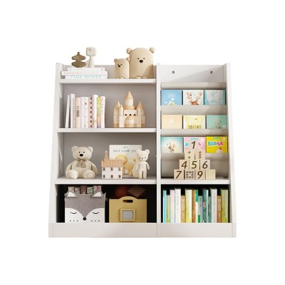 AZL1 Life Concept Decorative Bookshelf Four Tier Kids Book Shelf Wooden Book Display Organizer for Children Using, White, 35.5"*15.8"*31.5"