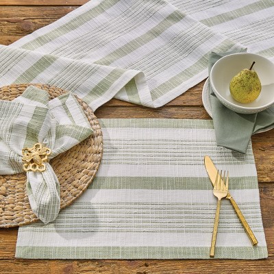 Green and White Cotton Woven Table Runner 15" x 72"