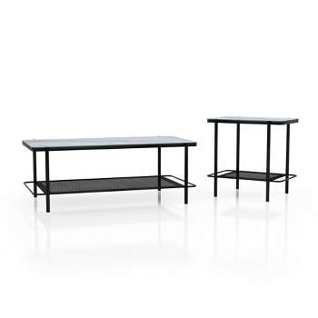 2pc Avalan Contemporary Marble Glass Coffee and End Table Set Black Coating/White - miBasics