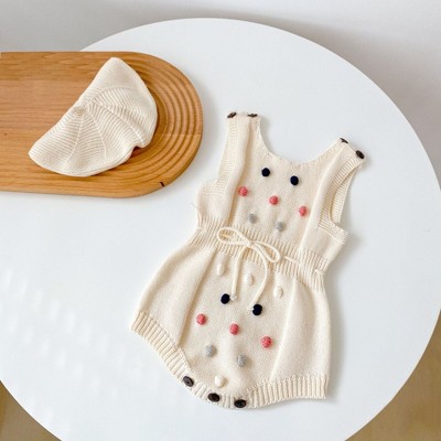 MyKids-USA Baby Girl Colorful Handmade Ball Patched Belted Knitted Bodysuit or Cardigan 1-Pieces Sets