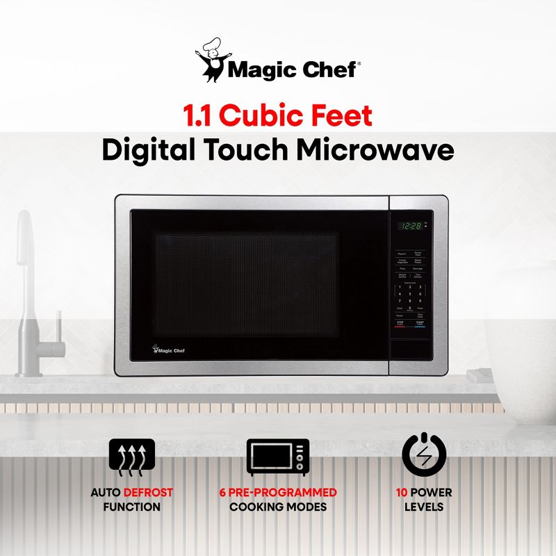 Magic Chef MC110MST Countertop Microwave Oven, Standard Microwave for Kitchen Spaces, 1,000 Watts, 1.1 Cubic Feet, Stainless Steel, 2 of 7