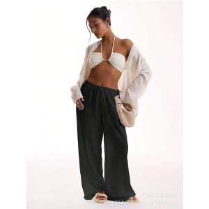 Coolmee Women Casual Loose Cotton Linen Texture Drawsting Elastic Waist Tie Wide Leg Pants With Pockets - 1 of 4