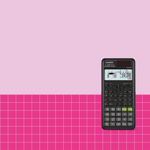 Scientific calculator on pink grid layout background