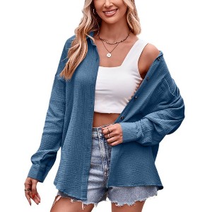 Coolmee Womens Casual Long Sleeve Button Down Shirts Cotton Oversized Blouse V Neck Loose Jacket Tops - 1 of 4