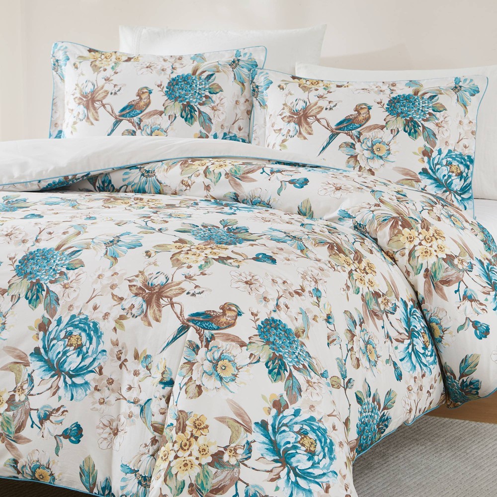 Lush Décor King Bird And Hydrangea Reversible Cotton Duvet Cover Blue