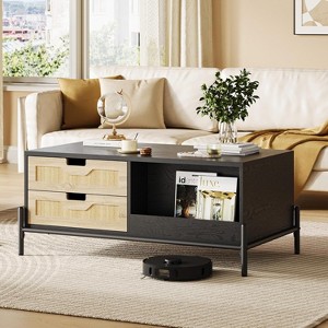 Homhougo Rattan Mid Century Modern Coffee Table with LED Lights, 4 Drawers and Open Storage Shelf, Wooden Farmhouse Living Room Table, Black - 1 of 4