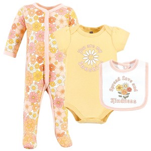 Hudson Baby Infant Girls Cotton Sleep and Play, Bodysuit and Bandana Bib Set, Peace Love Flowers - 1 of 4