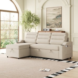 83.5" Upholstered Convertible L-Shaped Sleeper Sectional Sofa with Pull-Out Bed, Reversible Storage Chaise, Cup Holder & Side Pocket - 1 of 4