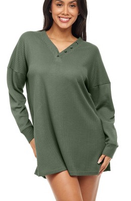 Adr Women's Long Sleeve Ribbed Knit Nightshirt, Button Up V-neck  Sleepshirt, Pajama Thermal Underwear Top Beige X Large : Target