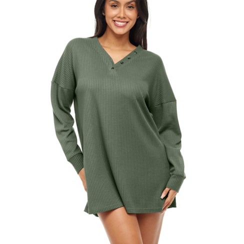 Adr Women s Long Sleeve Oversized Ribbed Knit Nightshirt V neck Sleepshirt Pajama Thermal Underwear Top Green Medium Target