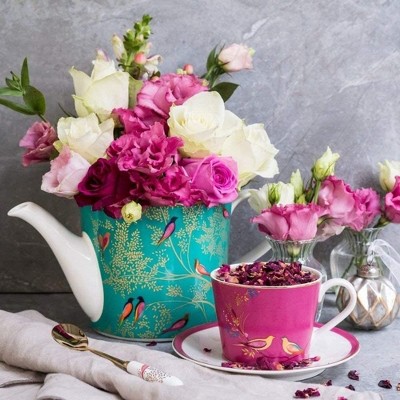 Green Fine China Teapot with Gold Bird Motifs