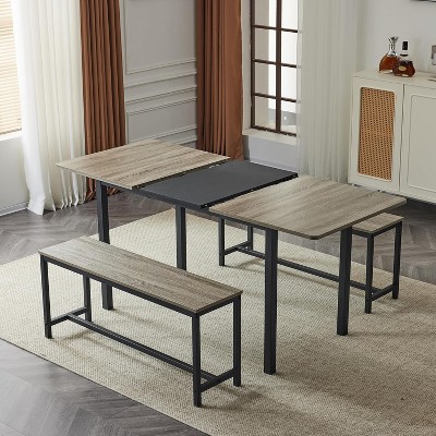 VINGLI Extandable Dining Table Set for 4-6, Foldable Expandable Table Set 2 Benches, Folding Kitchen Table for 6