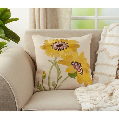 Yellow Floral Embroidered Cotton Linen Square Throw Pillow