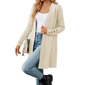 Women's Loose Knit Open Front Cardigan with Buttoned Long Sleeves Mid Length Casual Knitwear - 1 of 4