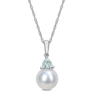 EVERLY JEWELRY | 10k White Gold 8-8.5mm Cultured Freshwater Pearl and 1/5ct TGW Aquamarine Pendant with Chain, 17" - 1 of 4