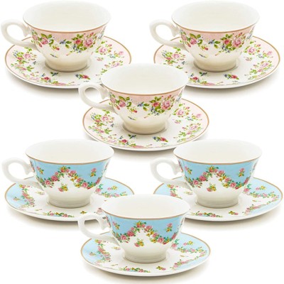 Sparkle and Bash Set of 6 Vintage Floral Tea Cups and Saucers for Tea Party Supplies, Blue, Pink, 8oz
